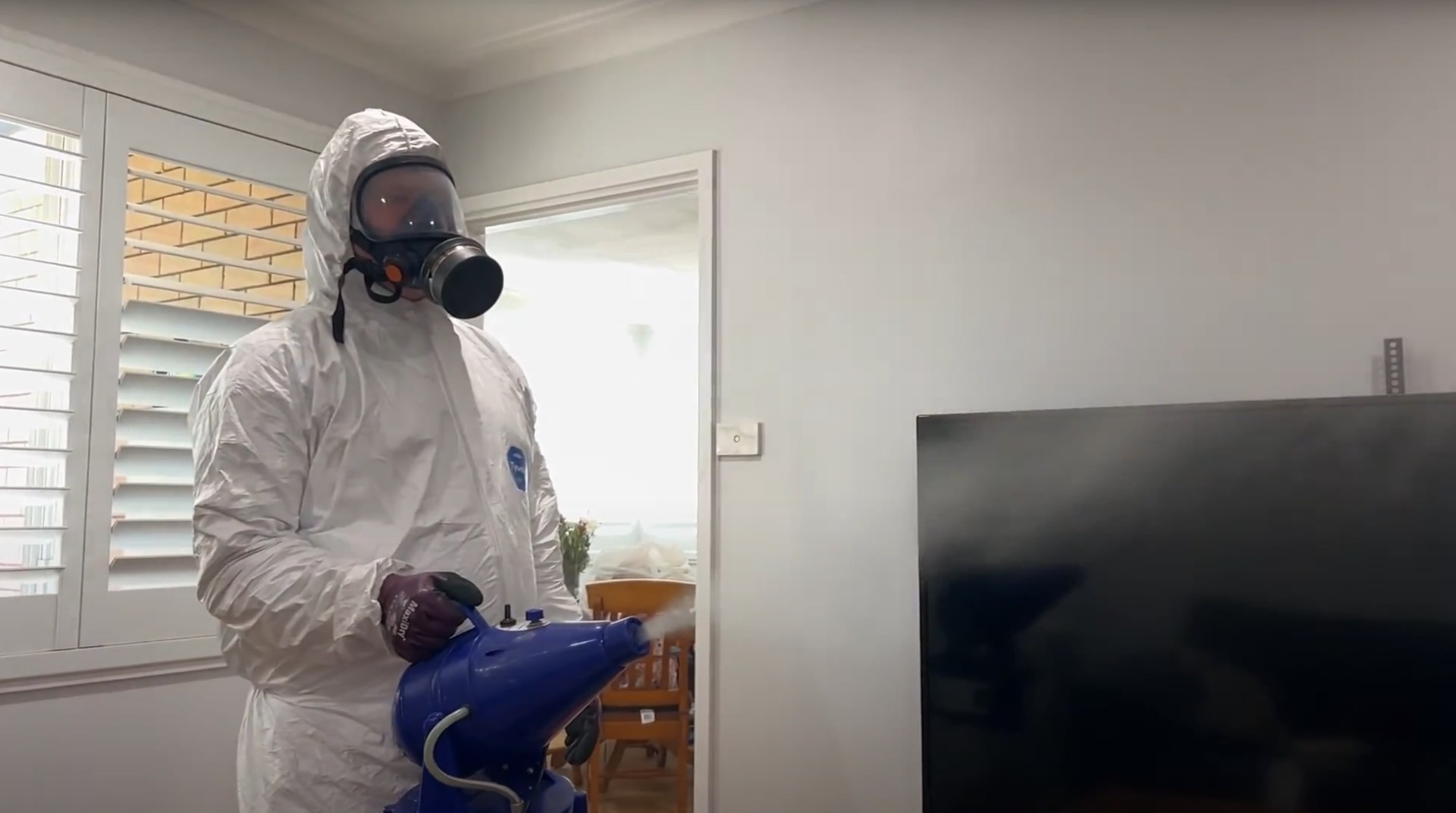 Professional Mold Remediation - Certified Technician with Safety Equipment Professional mold remediation technician in full protective suit and respirator working with specialized mold treatment equipment